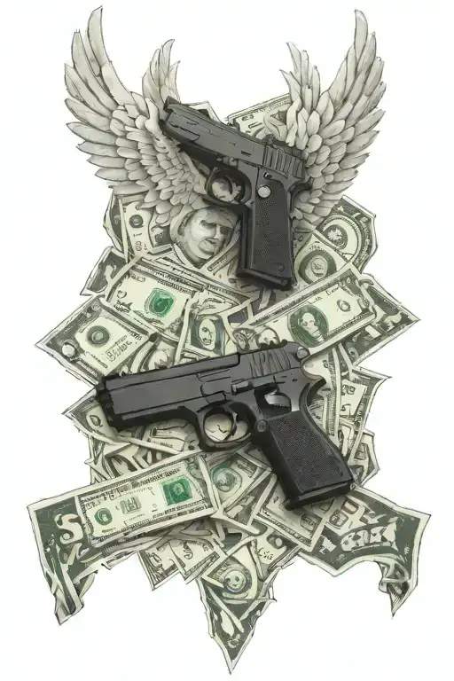 2 wings with dollars and Glock pistol surrounded tattoo design idea