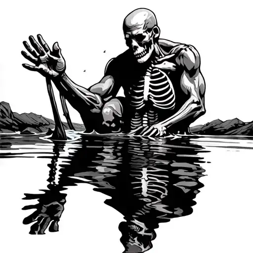 old warrior kneeling at water running his hand through the water and there is a reflection of himself has a skeleton tattoo design idea