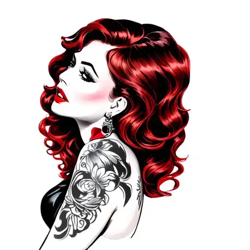 A pin-up girl with seductive facial features, full red lips, half-closed eyes, long wavy red hair, wearing a black leath tattoo design idea