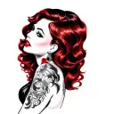 A pin-up girl with seductive facial features, full red lips, half-closed eyes, long wavy red hair, wearing a black leath tattoo design idea