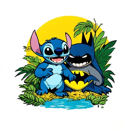 disney stitch and Batman laughing, tropical tattoo design idea