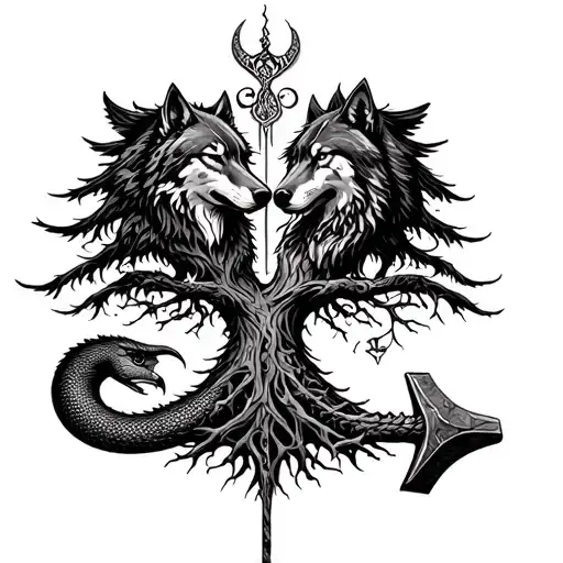 The Scandinavian sleeve, the wolves Hati and Mati, the serpent Jormungandr, the ravens Munin and Huginn, the tree Yggdrasil and the hammer Mjolnir tattoo design idea
