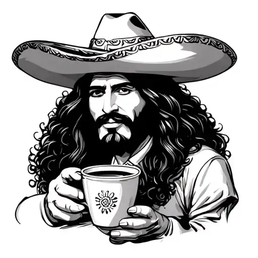 Mexican bread conchita dressed in a charro hat and coffee cup in your hand tattoo design idea