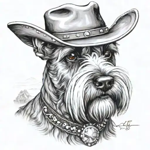 salt and pepper schnauzer with cowboy hat and brown eyes and a collar looking to the side with western background tattoo design idea