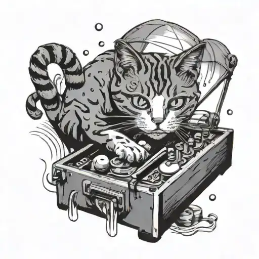 Arwen the cat playing with pinball machine parts in the rain tattoo design idea