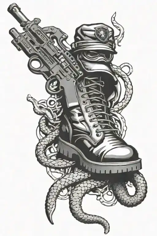 ar15 , snake , military hat , military boots coding tattoo design idea