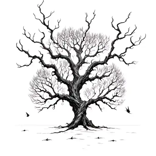 A hauntingly beautiful tree with twisted branches and glowing fireflies tattoo design idea