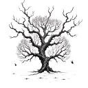 A hauntingly beautiful tree with twisted branches and glowing fireflies tattoo design idea