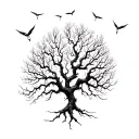 A hauntingly beautiful tree with twisted branches and glowing fireflies tattoo design idea