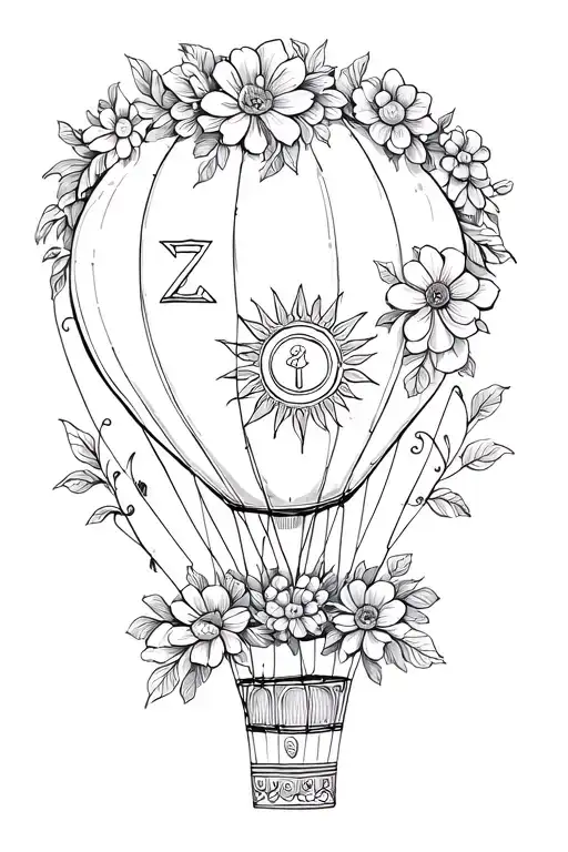 hot air balloon made of flowers with zia sun symbol  tattoo design idea
