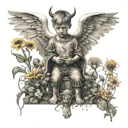 little boy looking into a field of flowers with devil behind him and angel holding his hand protecting him tattoo design idea