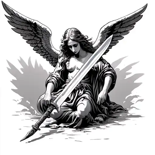 angel with wings head down holding sword going tattoo design idea