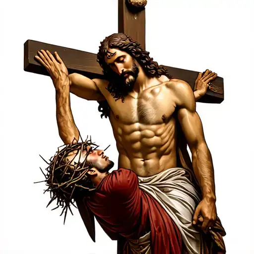 Jesus on cross with Roman centurion kneeling below him picking up crown of thorns tattoo design idea