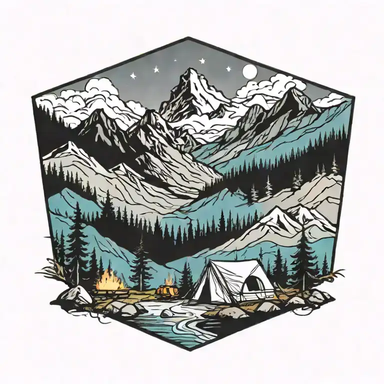 Camping mountains fire tattoo design idea