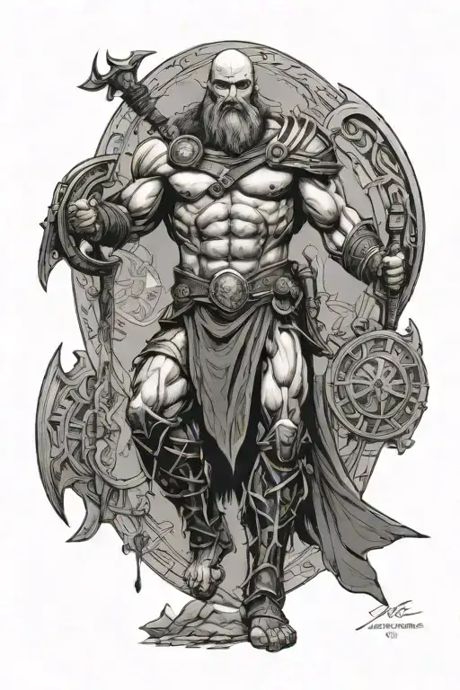 Create a men tattoo combine between Ares god of war on the shoulders and follow by Vitruvian man downwards on triceps tattoo design idea