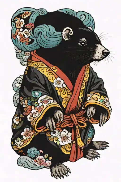 animal mole standing pose with a colorful silk robe tattoo design idea