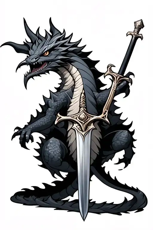 smokey dragon with small sword tattoo design idea