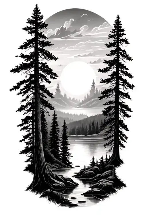 Forearm Tattoo Design Prompt:"A forearm-length tattoo featuring a tranquil Latvian forest scene at sunset. Include nat tattoo design idea