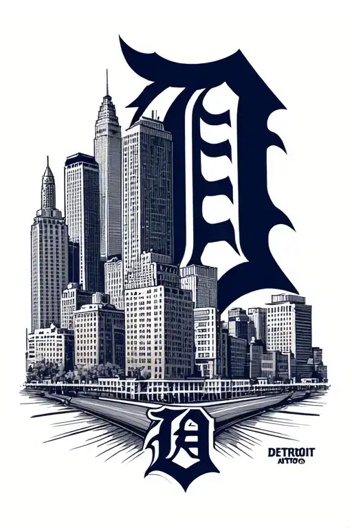 Detroit skyline and Detroit Tigers logo tattoo design idea