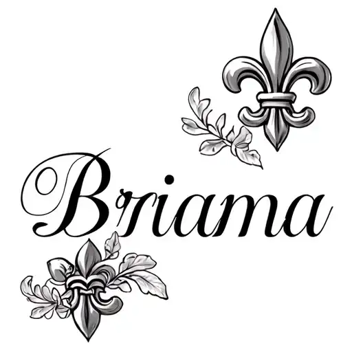 "Brianna" Fleur De Lis with text 'Brianna' in calligraphy tattoo design idea