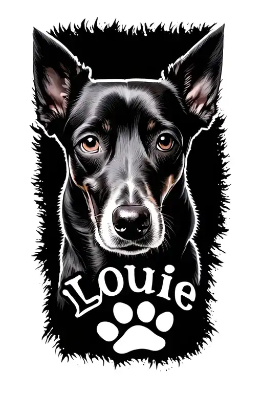 Dog's name 'Louie' and paw print inside tattoo design idea