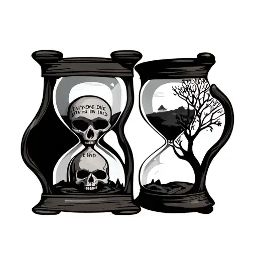 hourglass with one side that has a skull and the other has a tree with words that say everyone dies in the end tattoo design idea
