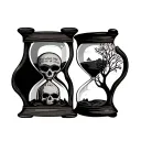hourglass with one side that has a skull and the other has a tree with words that say everyone dies in the end tattoo design idea