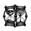 hourglass with one side that has a skull and the other has a tree with words that say everyone dies in the end tattoo design idea