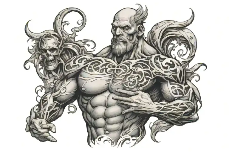 muscle enhancing alchemy magic style that covers the upper back and spine and shoulder to shoulder tattoo design idea