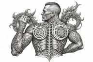 muscle enhancing alchemy magic style that covers the upper back and spine and shoulder to shoulder tattoo design idea