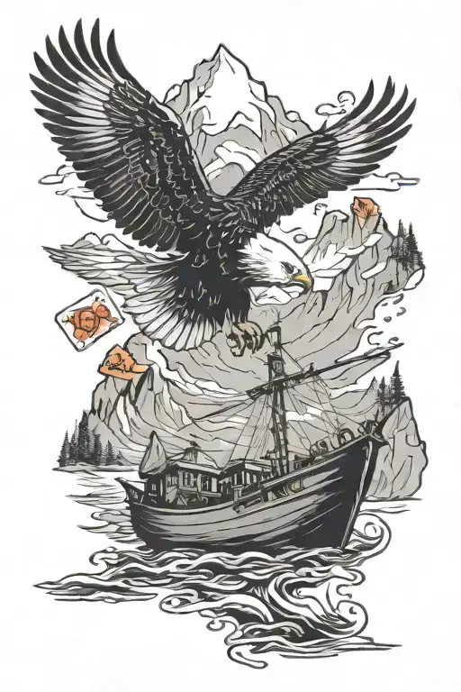 silhouette fishing in a fishing boat in the mountains, eagle in the distant, playing cards tattoo design idea