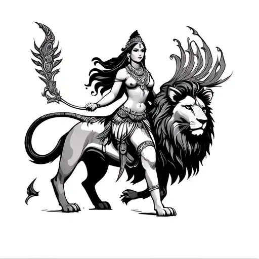 A 2D fine line art of Goddess Kushmanda modernized design and minimalistic. she has 8 arms and travels on lion tattoo design idea