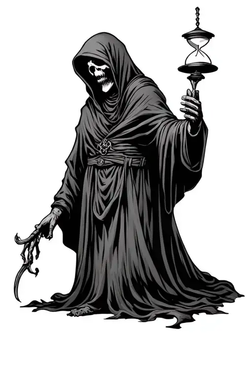 grim reaper in hooded robe from the wist up holding an hourglass above his waist tattoo design idea