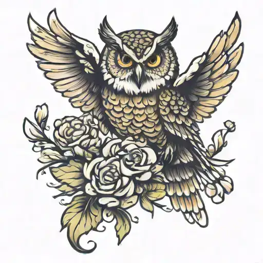 owl flying carnations, snowdrops  tattoo design idea