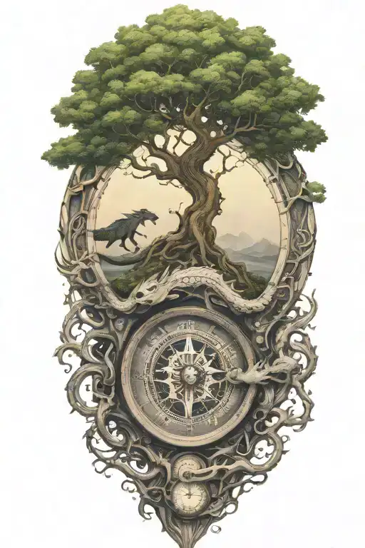 yggdrasil with dragon emerging with compass and ca simple campass design tattoo design idea