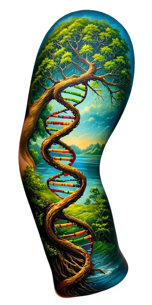 tree of life with dna double helix that wraps around  arm to form a band. add Down syndrome awareness tattoo design idea