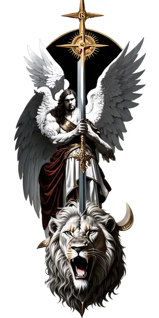 Saint Michael Killing Lucifer, War Templar, South compass, Enraged Lion tattoo design idea