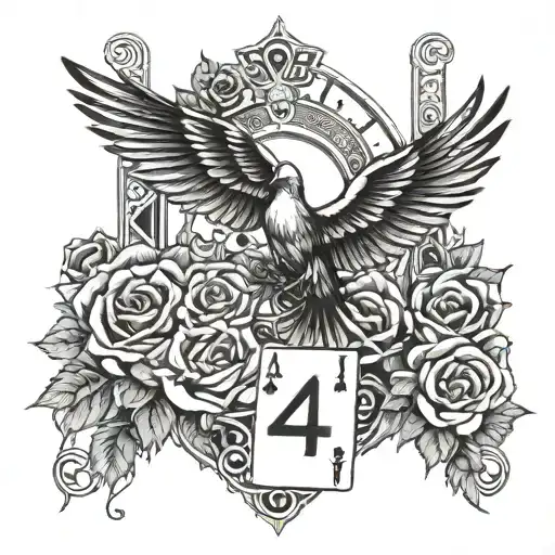 half sleeve with the 4 aces cards at the top, roman numerals,  a dove bird and a rose. all vertically designed tattoo design idea