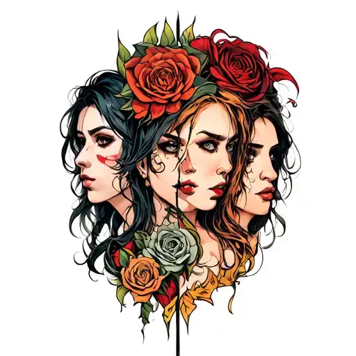 7 deadly sins with women faces tattoo design idea