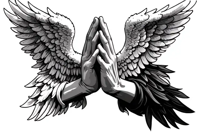 praying hands with angel wings tattoo design idea