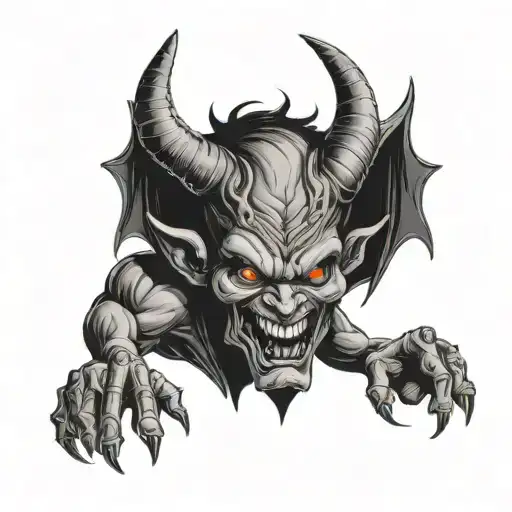 Design a picture featuring a shadowy devil figure whispering with a cunning expression. The devil should be partially hi tattoo design idea