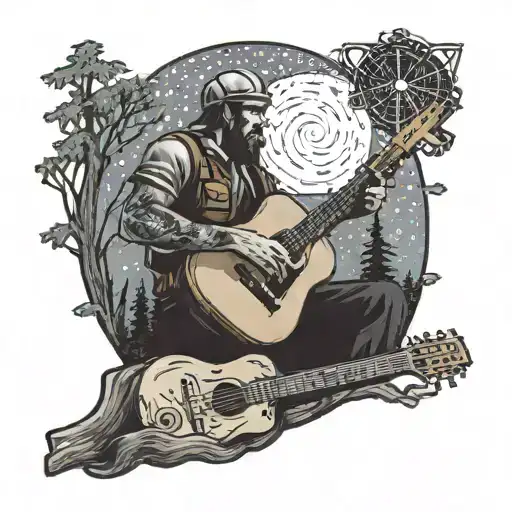 A realistic depiction of a construction worker playing a guitar under a starry night sky in the forest, showcasing the client's love for music and their job tattoo design idea