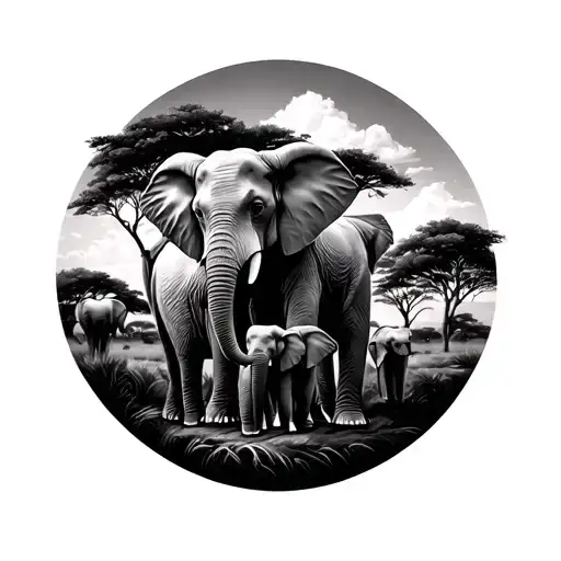 family tree implemented with african safari containing elephants representing loyalty tattoo design idea