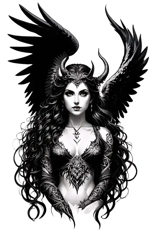 a female goddess half devil half angel with wings  tattoo design idea