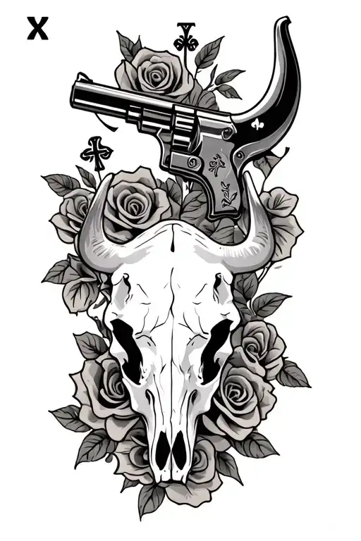 western tooling style with roses bull skull playing cards with gun and cross tattoo design idea