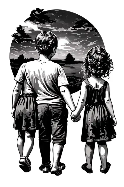 A tattoo, in which there is an older brother holding hands with his two little sisters, they are all on their backs and  tattoo design idea