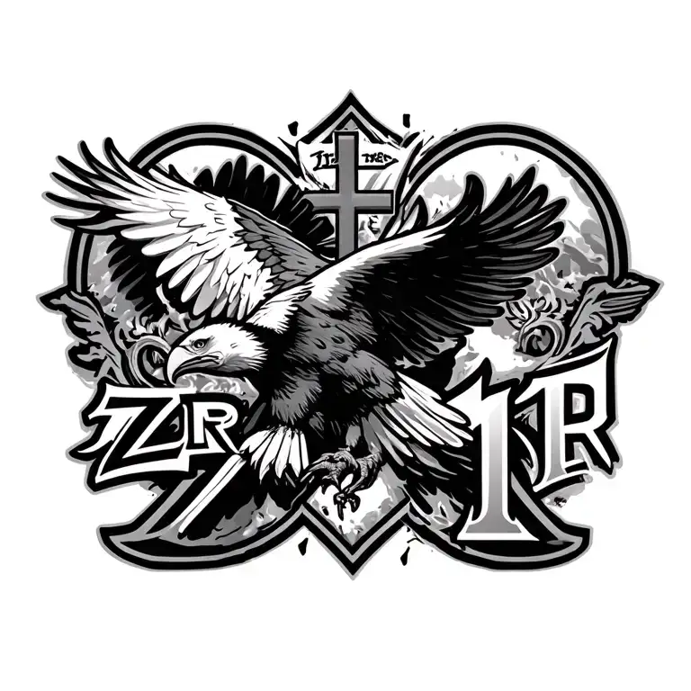 The number 19 with ZJR and ALR incorporated with a cross and an eagle flying tattoo design idea