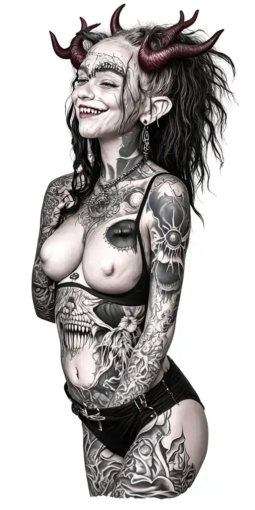 Sexy Pale Girl, petite, big boobs, wide hips, G-String. Messy hair, demonic horns, indian. big smile.Full Body tattoo design idea