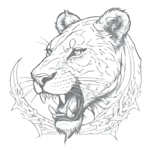 A sketch style tattoo of a fierce lioness with a dagger clenched between her teeth tattoo design idea