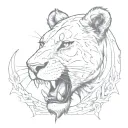 A sketch style tattoo of a fierce lioness with a dagger clenched between her teeth tattoo design idea